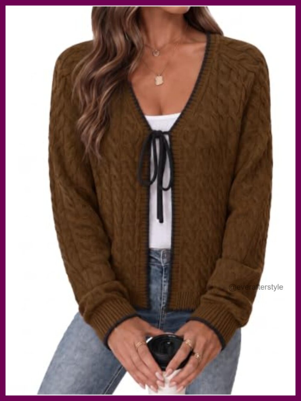 Chunky Cable Knit Bow Tie Front Cardigan Women Long Sleeve